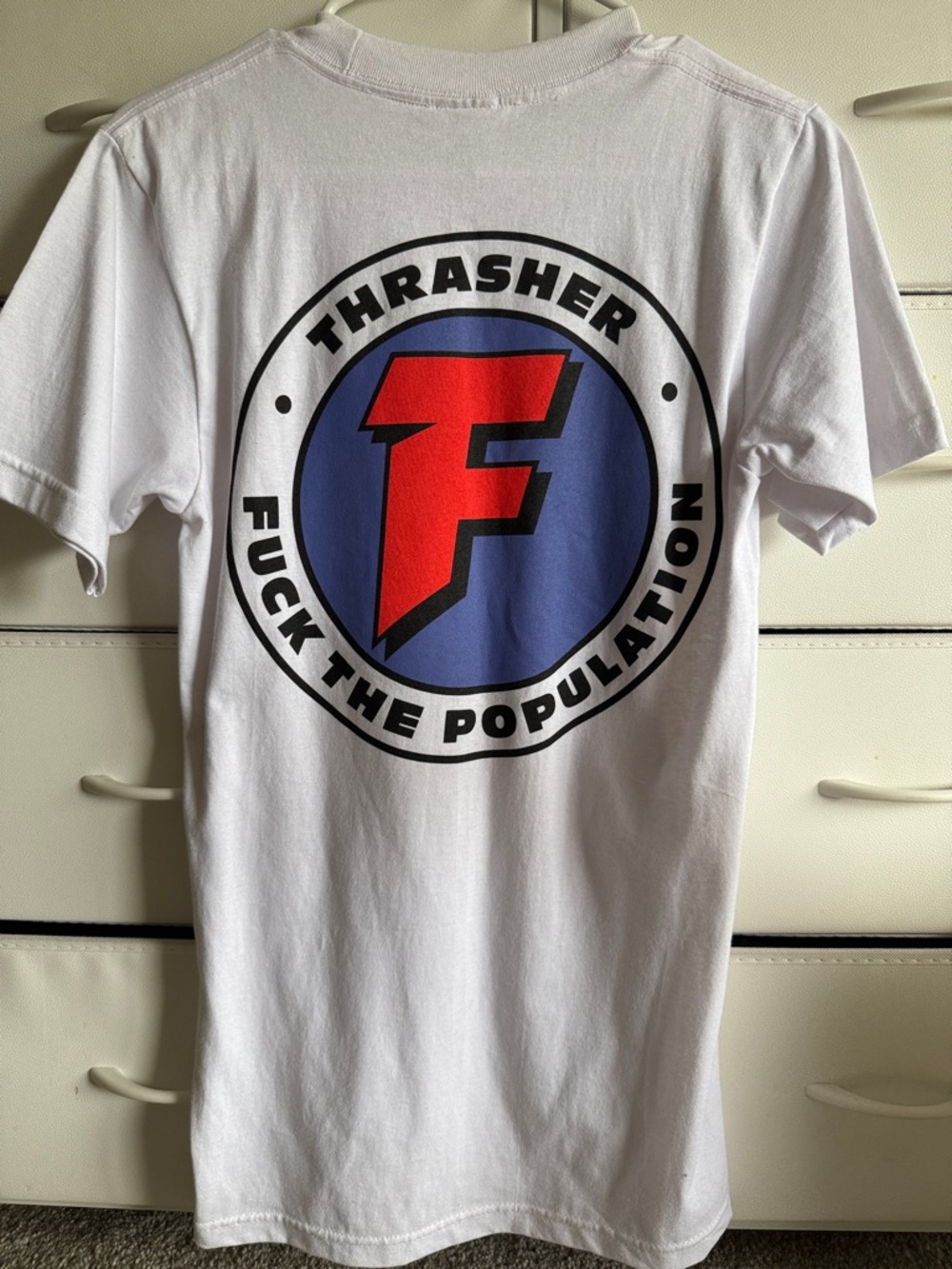 FTP x Thrasher White T‑Shirt with Red and Purple Emblem size Small